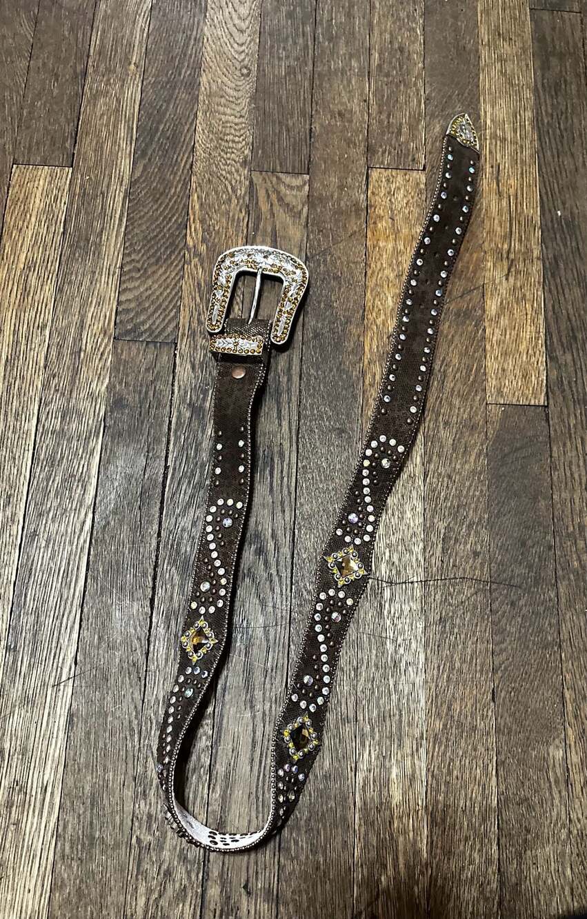 Festival Western Rhinestone Studded Brown Leather Belt Size L Country